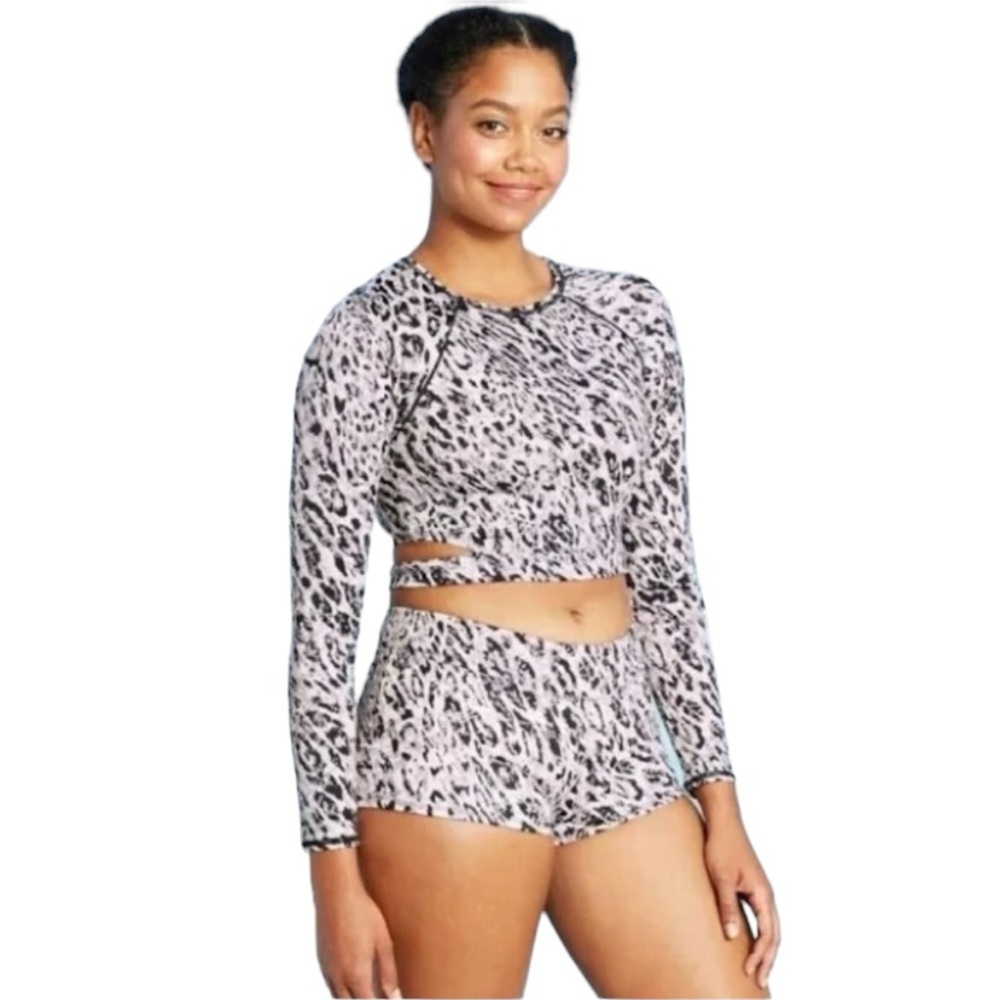 NWT ALL IN MOTION Swim Cropped Top. Tie Back. Blk Gray Cream Cheetah. Sz.XL
